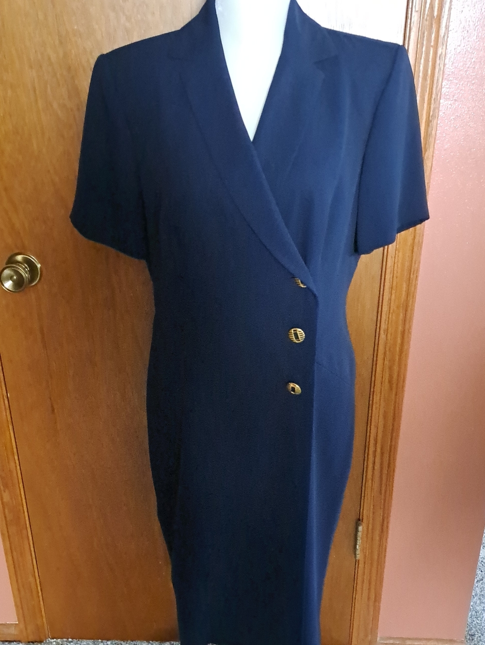 Liz Claiborne Navy Short-Sleeve Midi Dress with Gold Buttons
